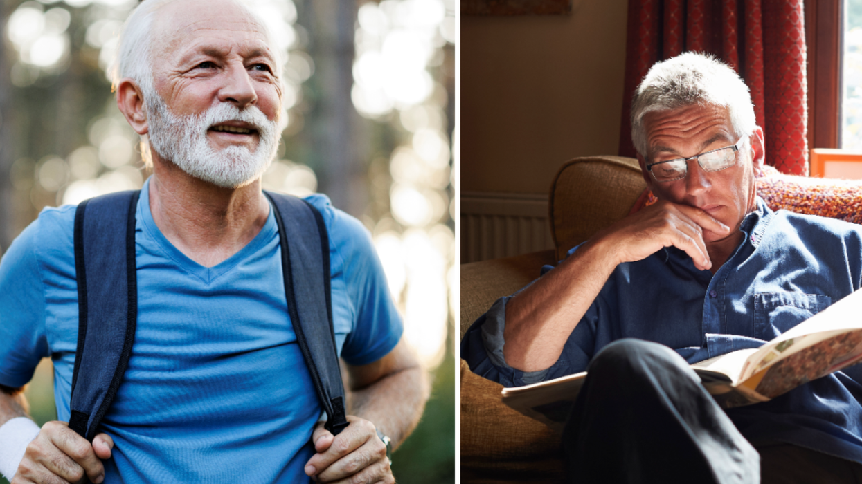 A composite image of a man walking and a man reading