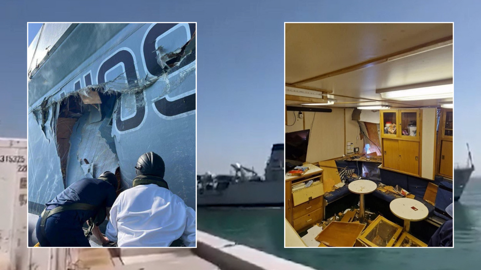 A composite image of a screenshot of the crash video, plus images of the damage inside and out