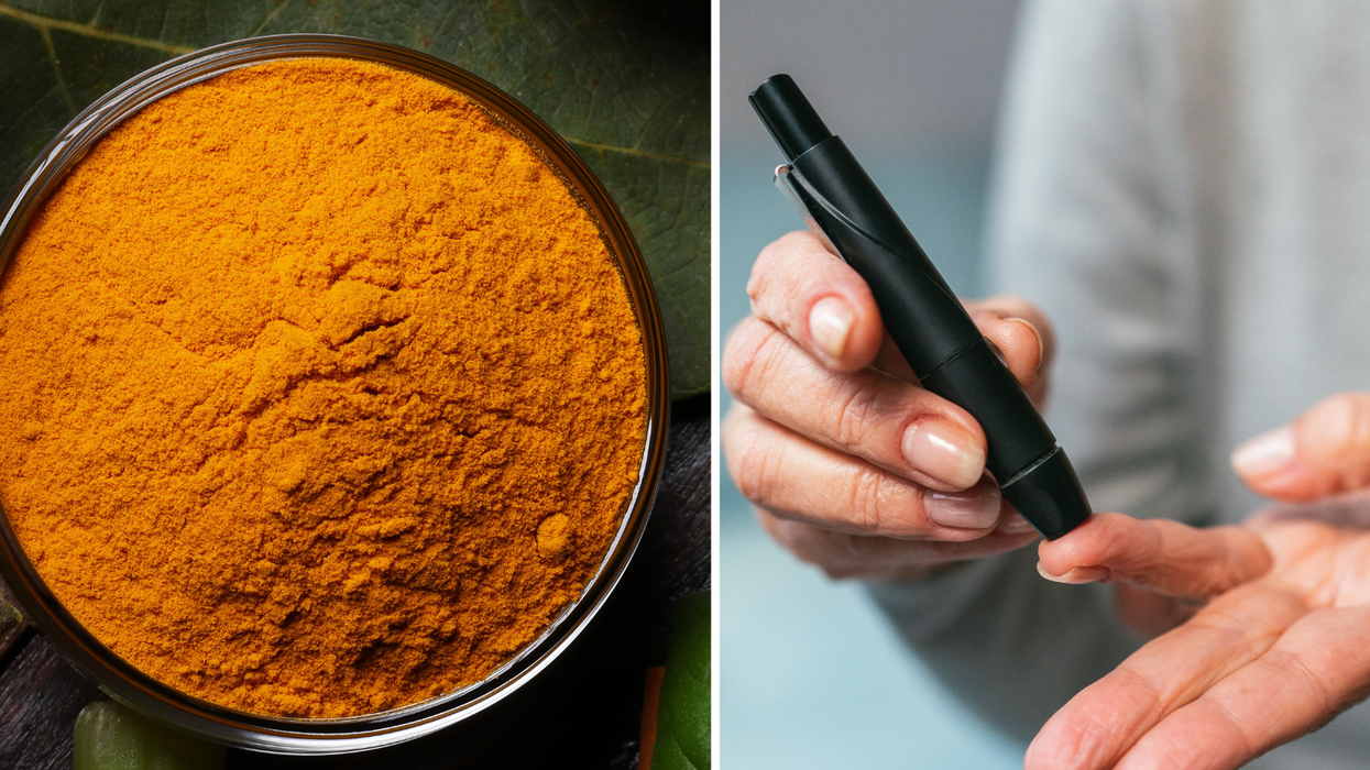 A composite image of cinnamon next to a diabetes blood sugar test