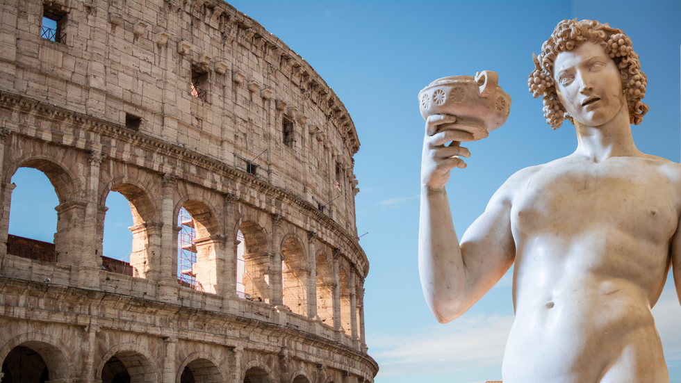 A composite image of the Colosseum in Rome and a statue of Roman wine god Bacchus