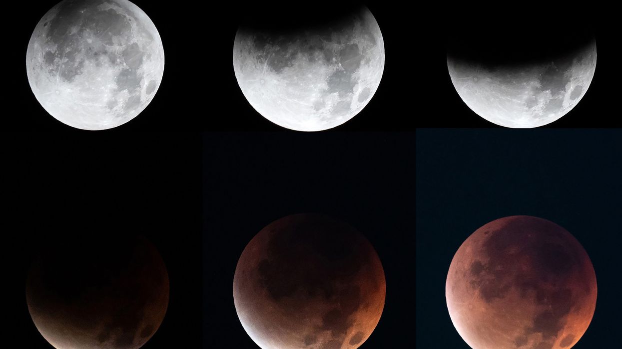 A composite image shows the Moon moving from a partial to a total lunar eclipse in Tokyo, Japan