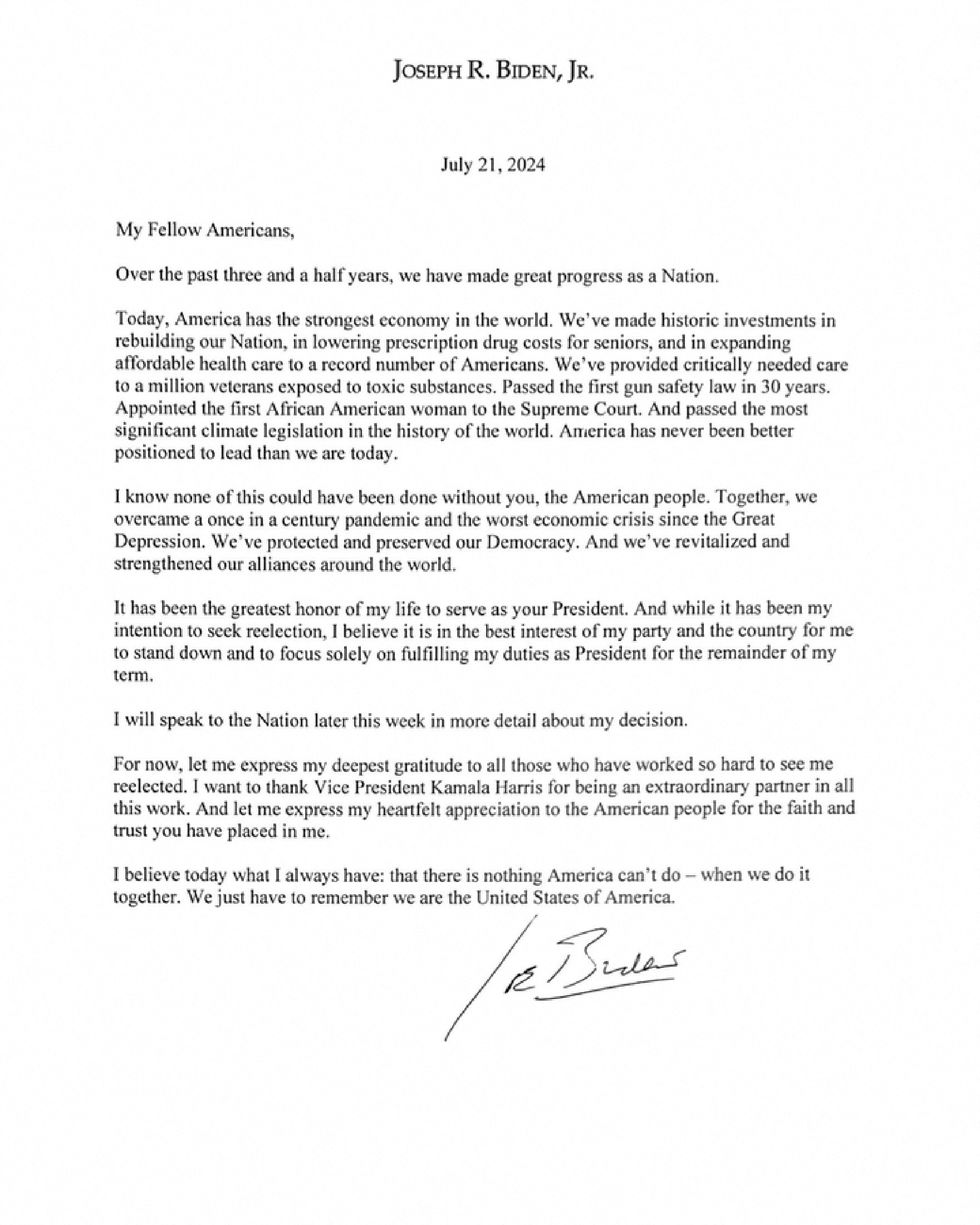 A copy of a letter released on the X account of US President Joe Biden states that he has ended his reelection campaig\u200b