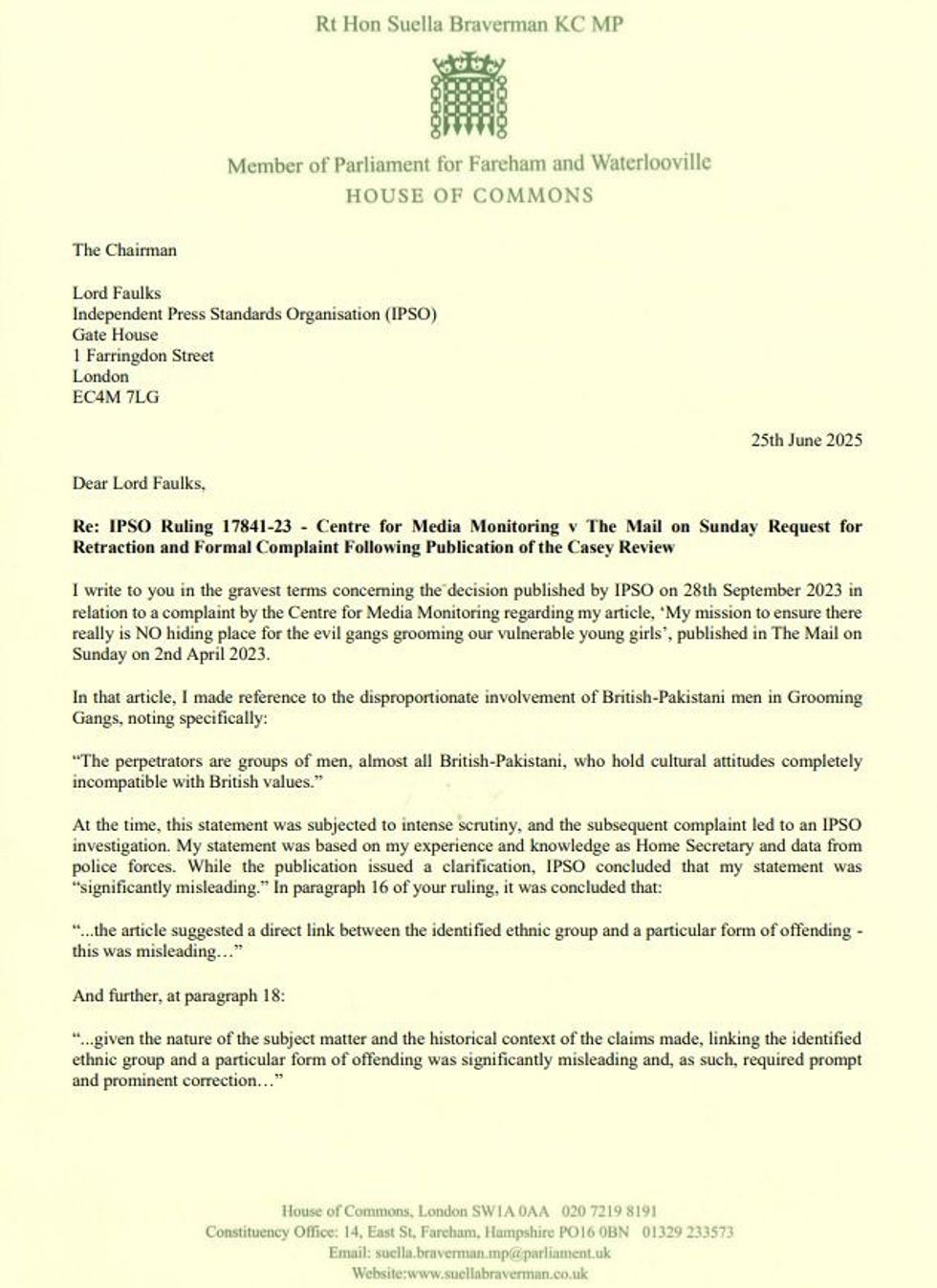 A copy of Suella Braverman's letter