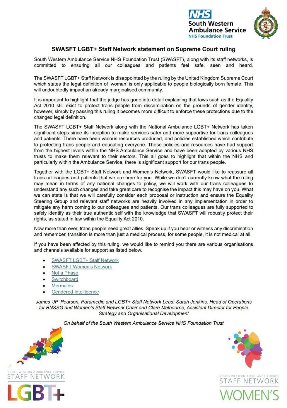 A copy of the bulletin sent to SWASFT's LGBT+ staff network