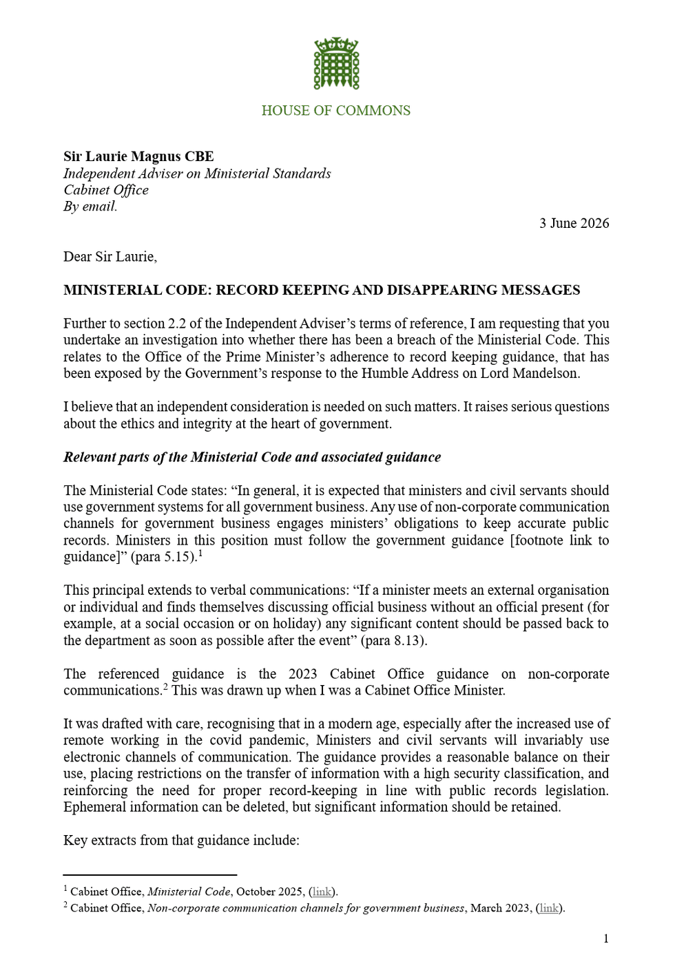 A copy of the letter Alex Burghart sent to Sir Laurie Magnus