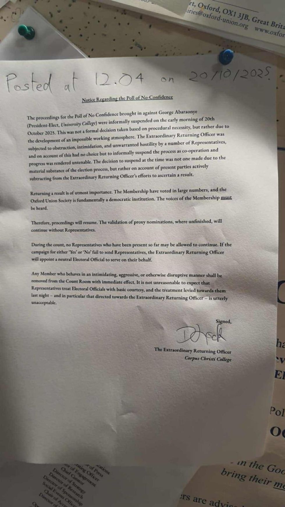 A copy of the letter posted at Oxford University