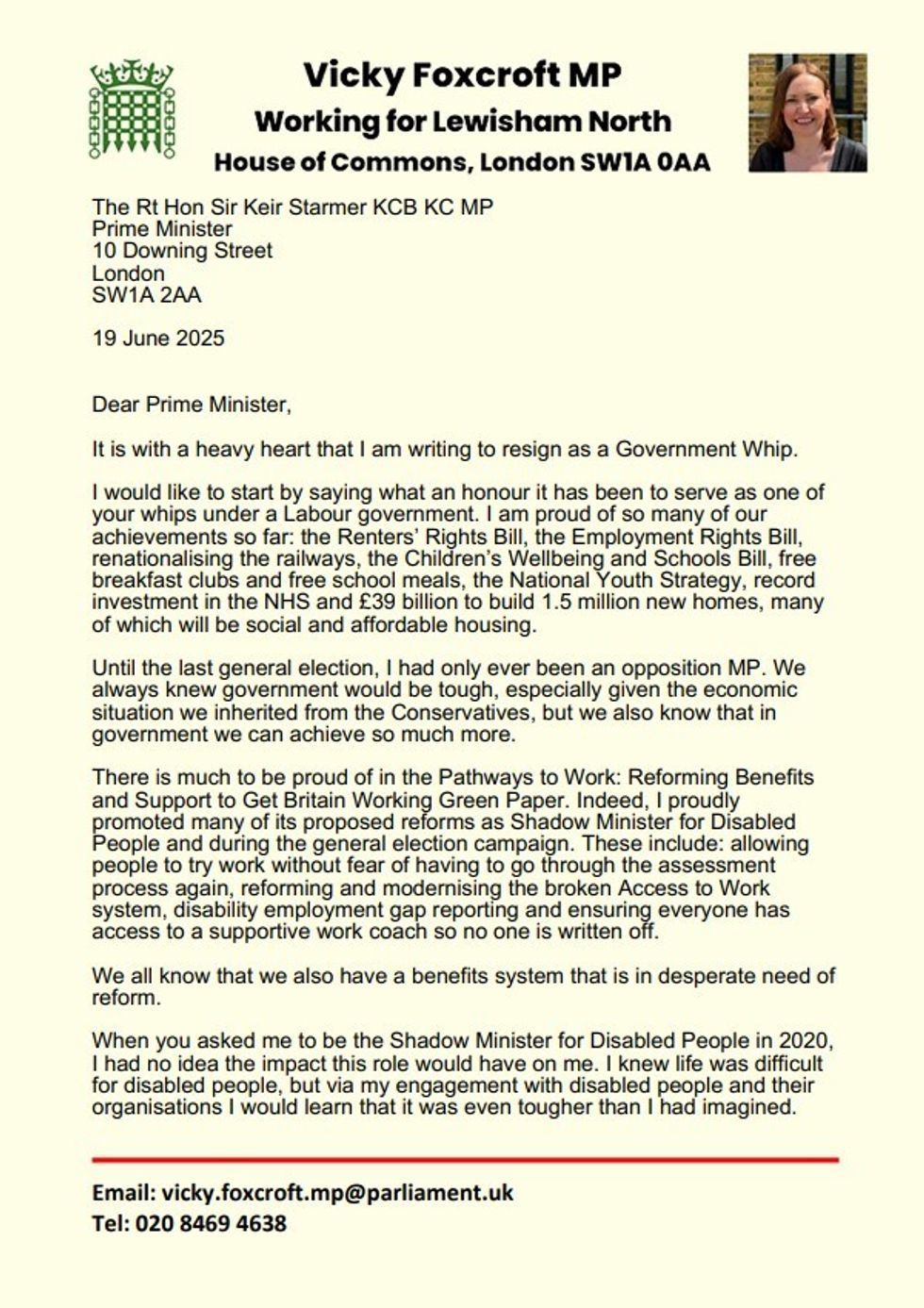 A copy of Vicky Foxcroft's letter to the Prime Minister