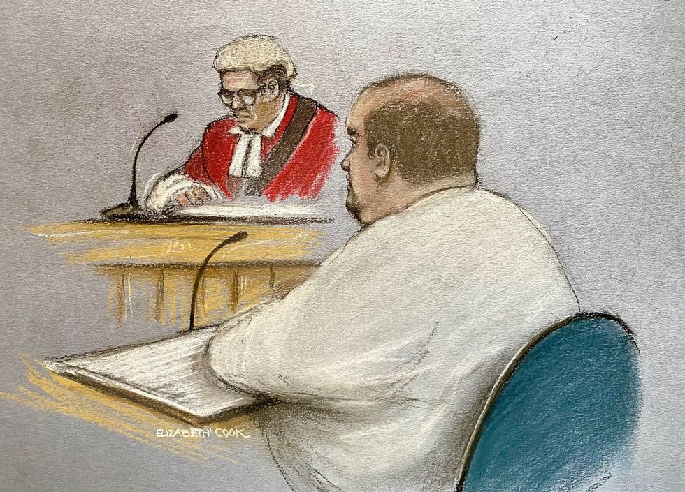 A court artist drawing by Elizabeth Cook of Gavin Plumb