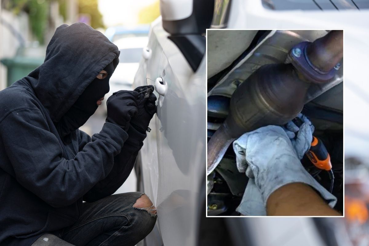 A criminal attempting to steal a car and a man engraving a catalytic converter