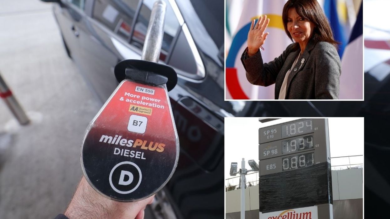 A diesel pump, Mayor Anne Hidalgo and a petrol station without diesel