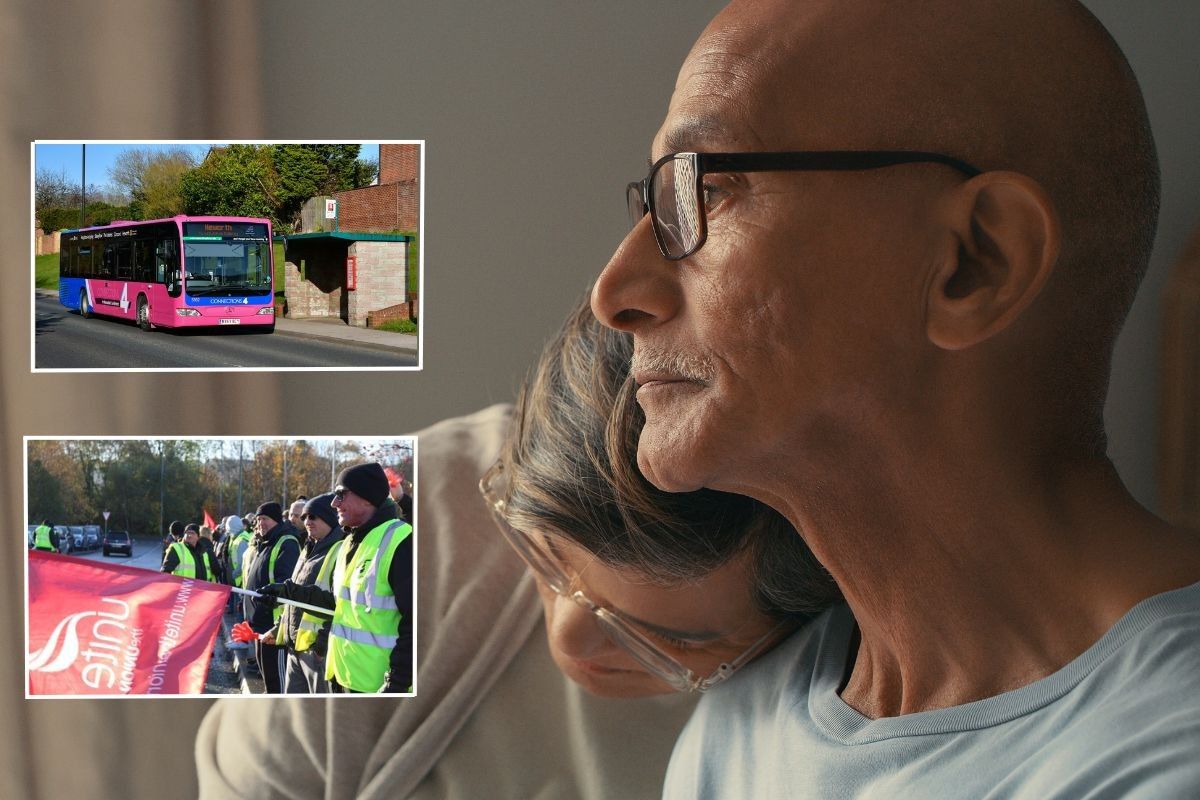 A distressed elderly couple with insets of a Go Ahead North bus and Unite members striking