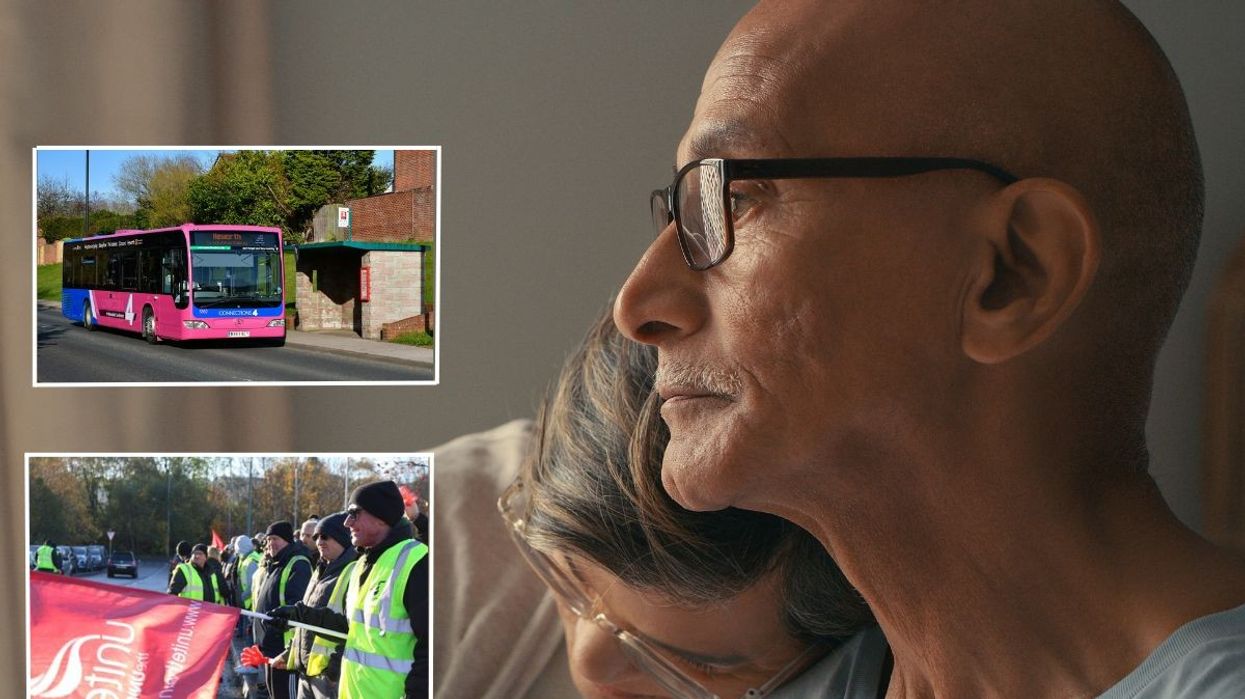 A distressed elderly couple with insets of a Go Ahead North bus and Unite members striking