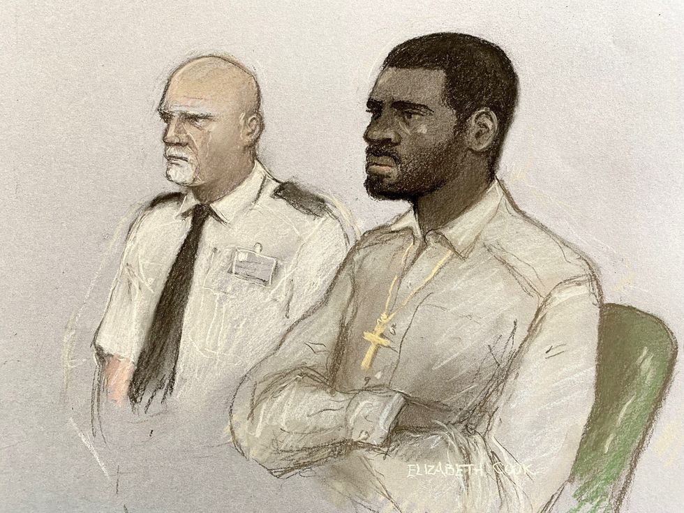 A drawing of Mosquera in court