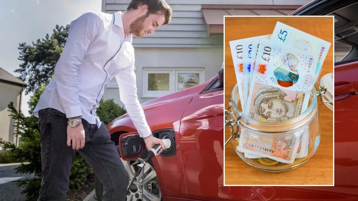 A driver charging his electric car at home and a pot of money