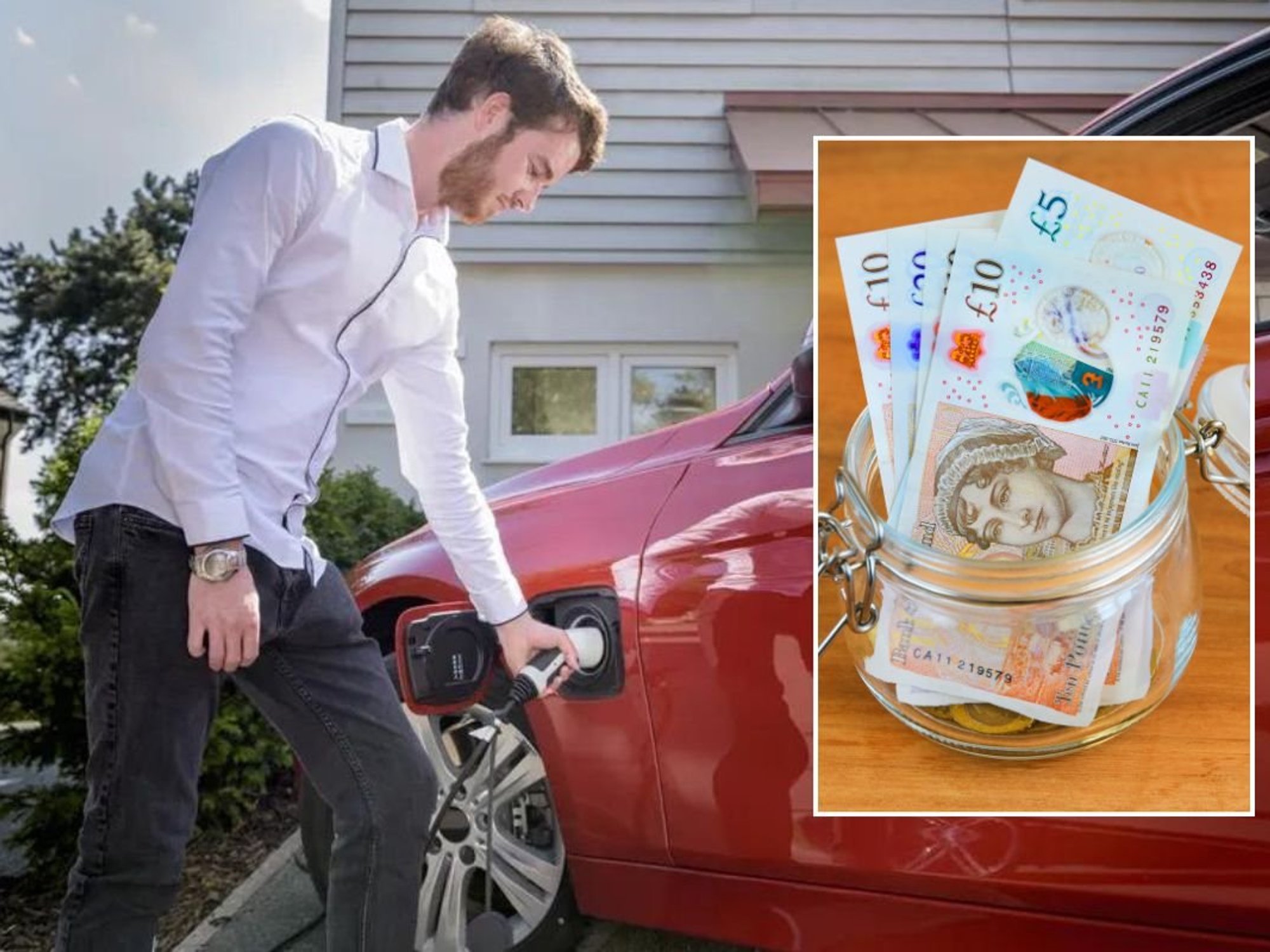 A driver charging his electric car at home and a pot of money