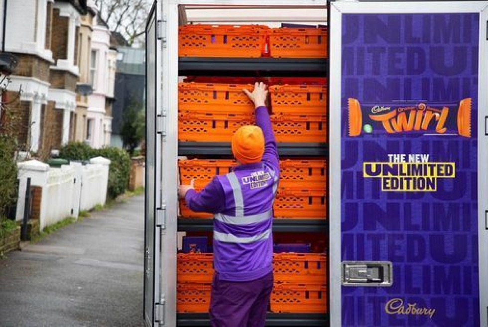 A driver delivers Cadbury Twirl Orange Unlimited bars across London