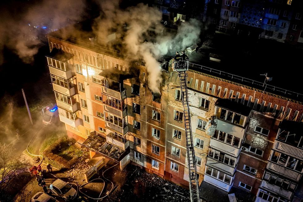 A drone view shows an apartment building hit by a Russian drone strike, amid Russia's attack on Ukraine, in Ternopil, Ukraine\u200b