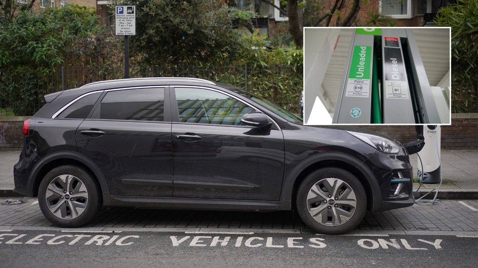 A electric vehicle charging and a fuel pump