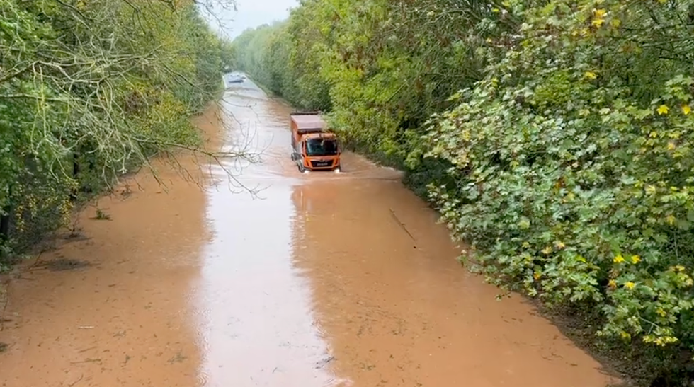 A fearless truck driver on the A49 underpass around Ludlow, Shropshire