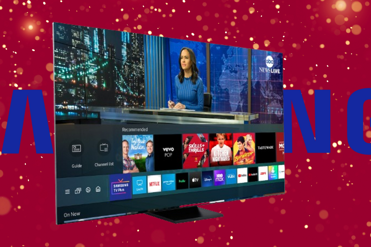 a festive background with a samsung tv in the foreground displaying the samsung tv plus interface 