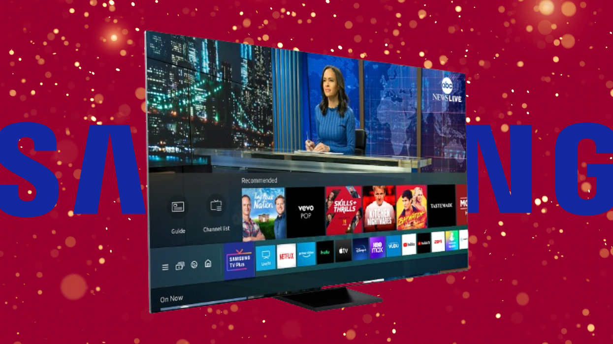 a festive background with a samsung tv in the foreground displaying the samsung tv plus interface