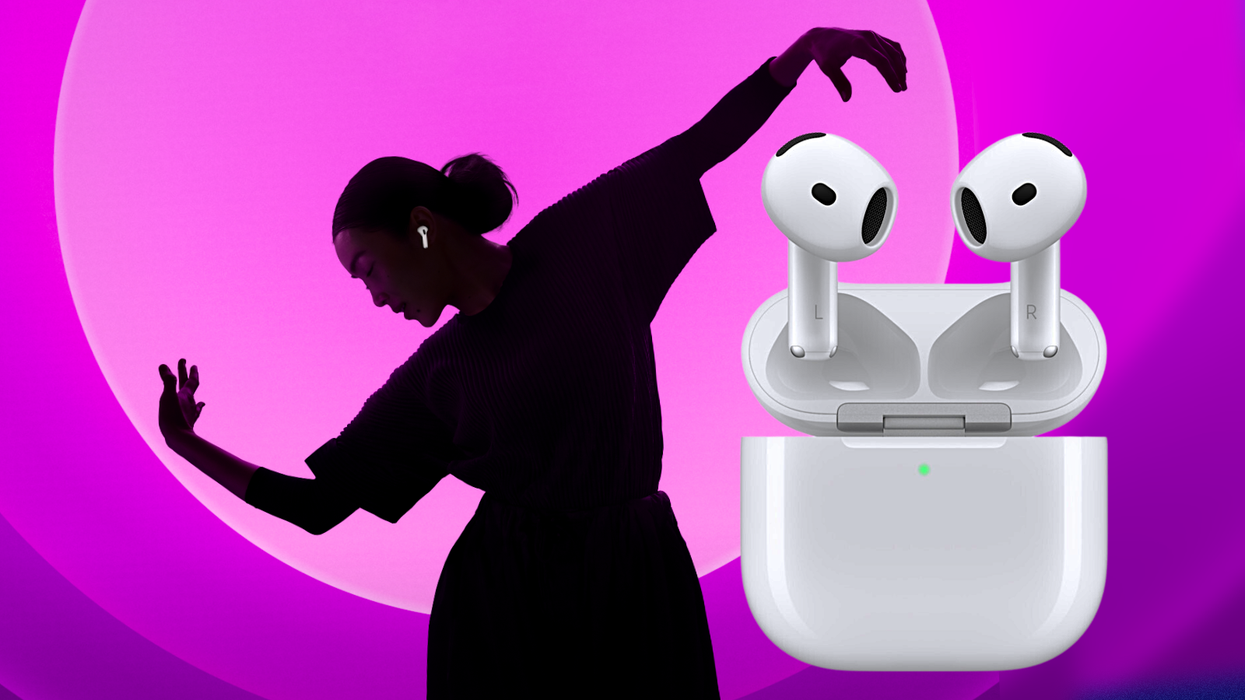 a figure dances wearing the new airpods 4 with anc with a pair of the Bluetooth earbuds highlighted in the foreground