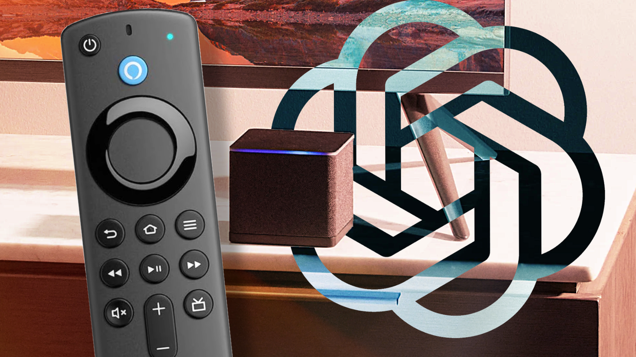 a fire tv remote control pictured with fire tv cube and ChatGPT logo in the background