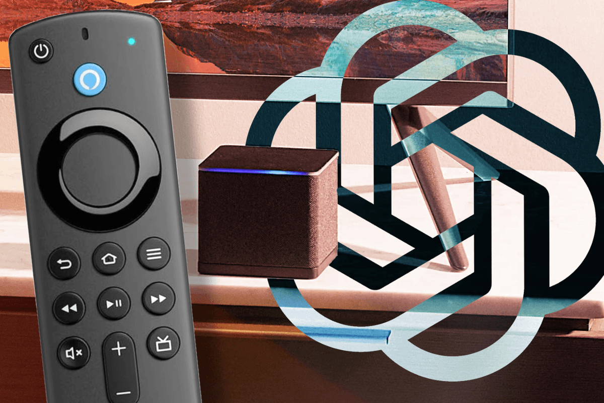 a fire tv remote control pictured with fire tv cube and ChatGPT logo in the background
