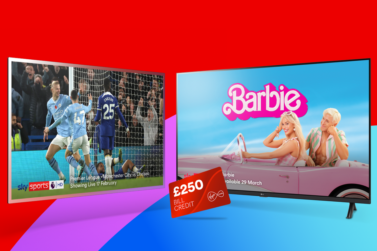 a flatscreen television showing sky sports hd with another showing the barbie movie with virgin media branding everywhere  