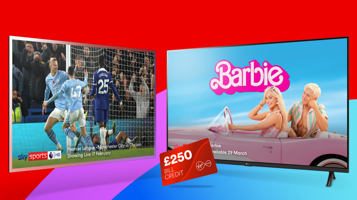 a flatscreen television showing sky sports hd with another showing the barbie movie with virgin media branding everywhere