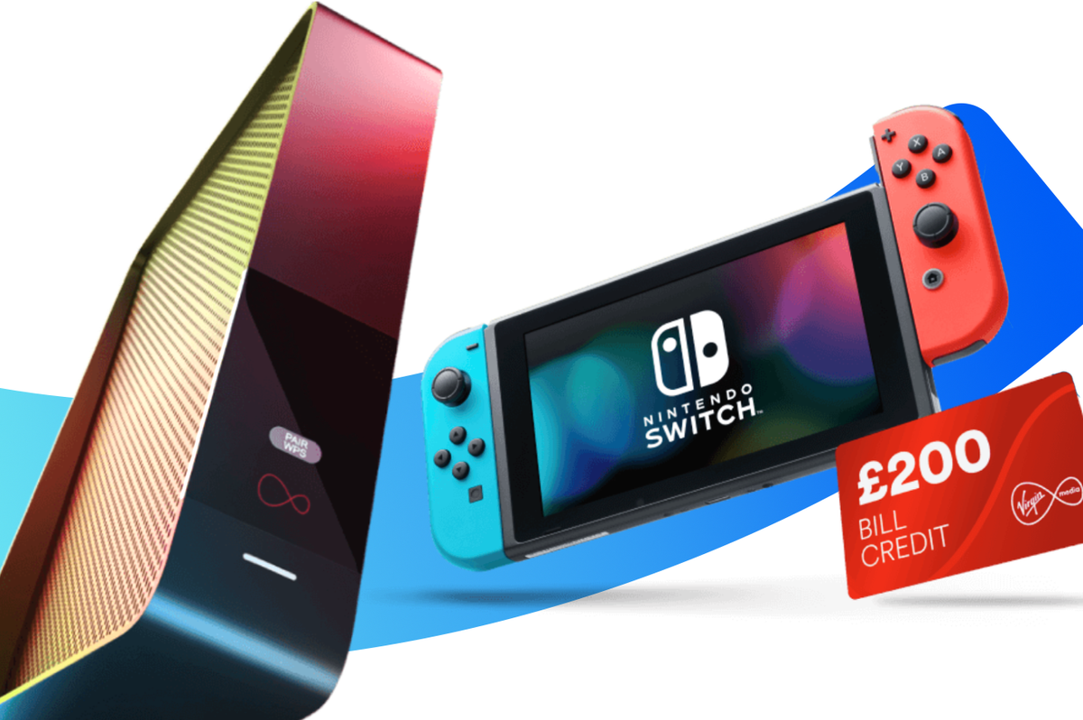 a flatscreen tv showing eurosport pictured next to a nintendo switch 1.1 console with a red neon joy con controllers and a credit card with ps200 bill credit on a colourful background  