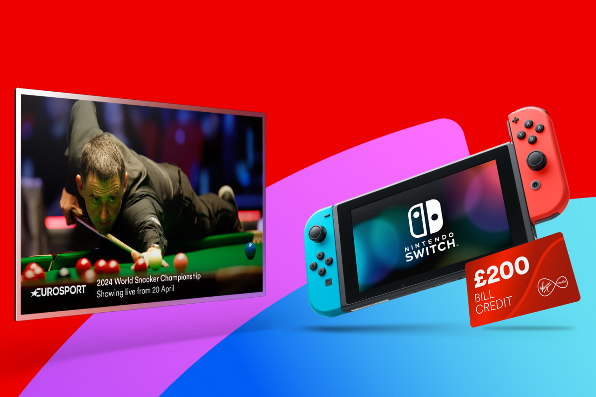 a flatscreen tv showing eurosport pictured next to a nintendo switch 1.1 console with a red neon joy con controllers and a credit card with ps200 bill credit on a colourful background 
