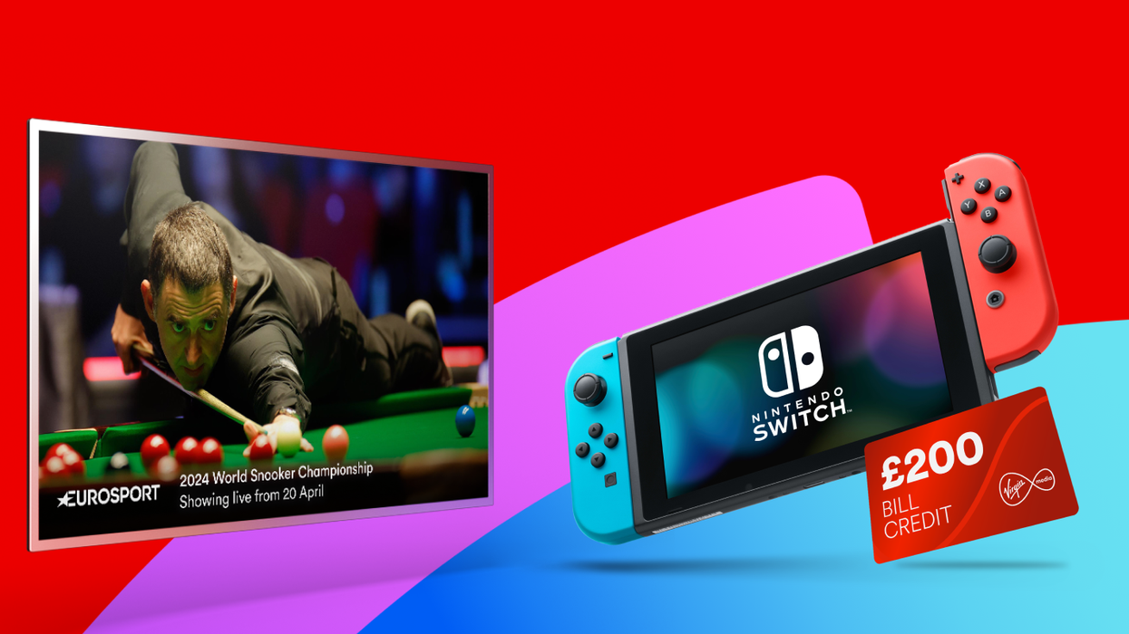 a flatscreen tv showing eurosport pictured next to a nintendo switch 1.1 console with a red neon joy con controllers and a credit card with ps200 bill credit on a colourful background