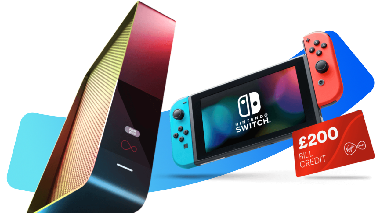 a flatscreen tv showing eurosport pictured next to a nintendo switch 1.1 console with a red neon joy con controllers and a credit card with ps200 bill credit on a colourful background