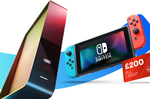 a flatscreen tv showing eurosport pictured next to a nintendo switch 1.1 console with a red neon joy con controllers and a credit card with ps200 bill credit on a colourful background