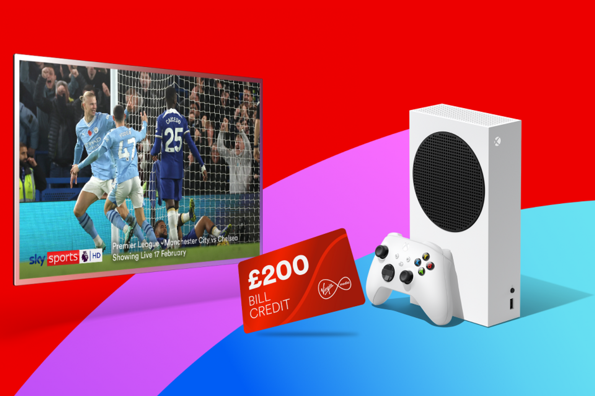 a flatscreen tv showing sky sports is pictured next to an xbox series s console and a credit card with ps200 bill credit on a colourful background 