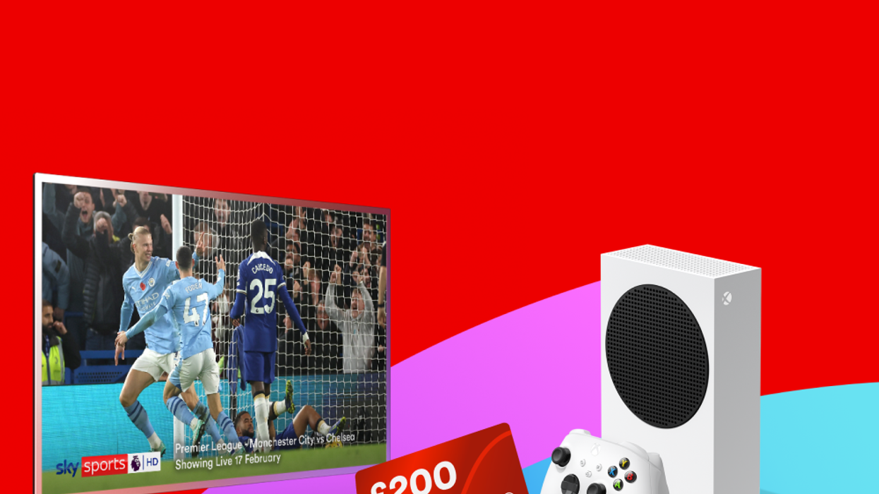a flatscreen tv showing sky sports is pictured next to an xbox series s console and a credit card with ps200 bill credit on a colourful background