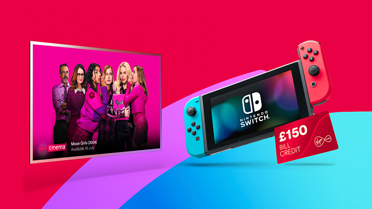 a flatscreen tv showing the new mean girls 2024 film beside a nintendo switch 1.1 console with a red neon joy con controllers and a credit card with ps150 in bill credit
