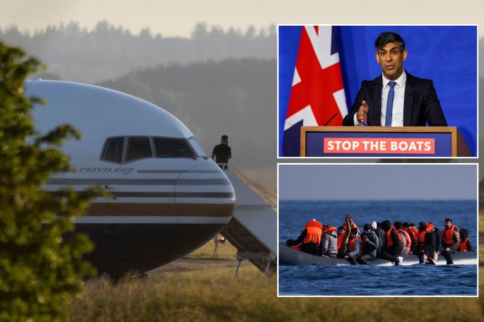 A flight going to Rwanda with insets of Rishi Sunak and migrants crossing the Channel