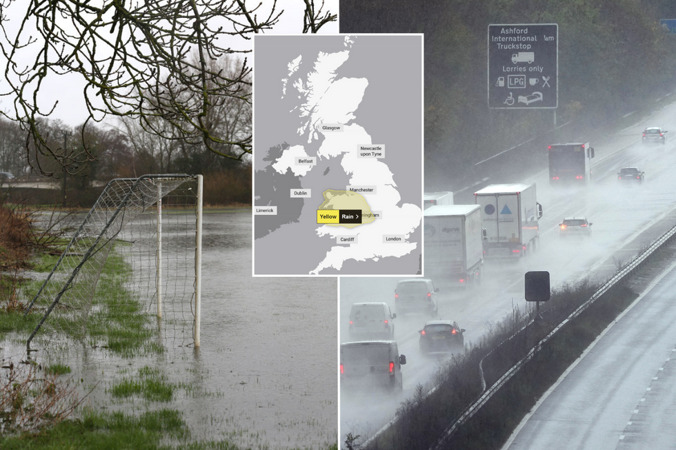 A flooded football pitch/rainy road/forecast map
