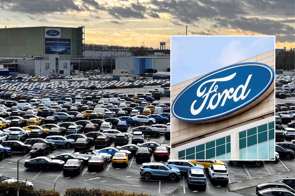A Ford car park and a Ford logo