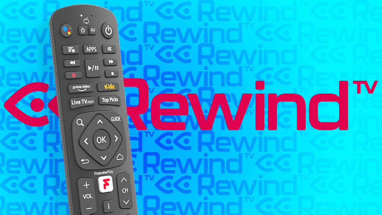 a freeview remote control with rewind tv logo in the background
