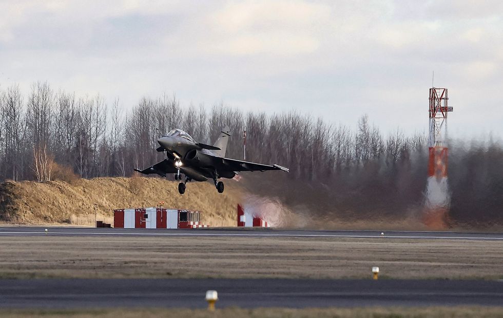 A French fighter jet, part of Nato's Air Policing Mission, takes off in Lithuania