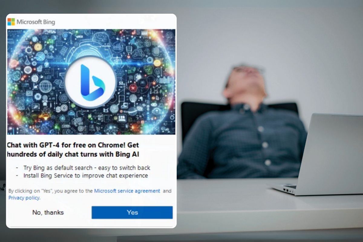 a frustrated man sits back in exasperation with a laptop in front of him, with an inset picture of the Bing advert popup showing in Google Chrome 