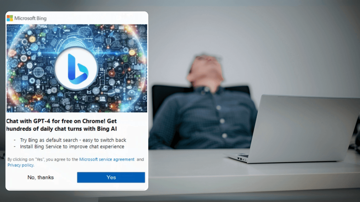 a frustrated man sits back in exasperation with a laptop in front of him, with an inset picture of the Bing advert popup showing in Google Chrome