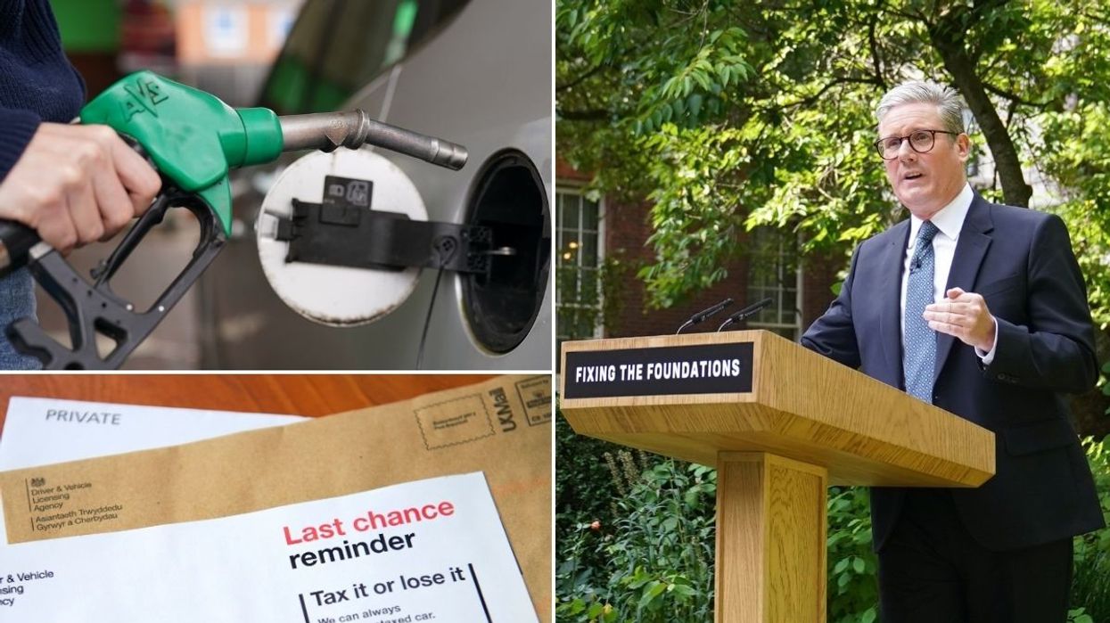 A fuel pump, car tax reminder letter and Keir Starmer delivering a speech in Downing Street