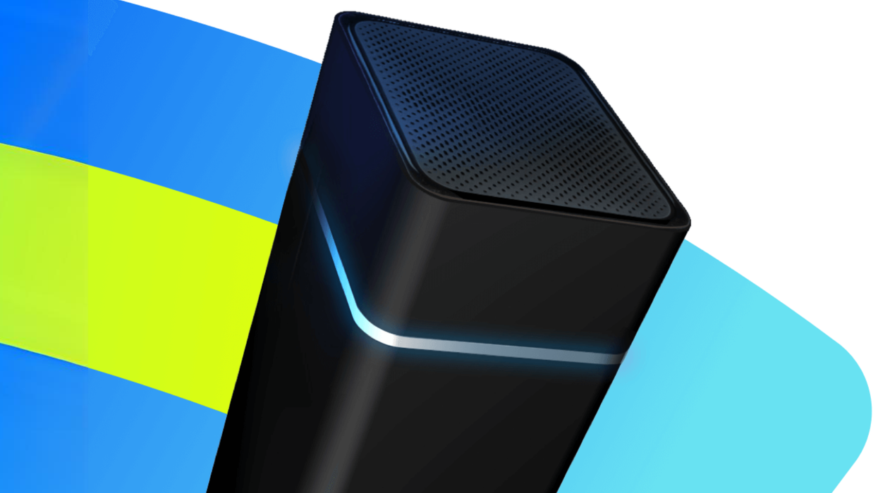 a full-fibre virgin media wifi router is pictured with a colourful blue swish in the background