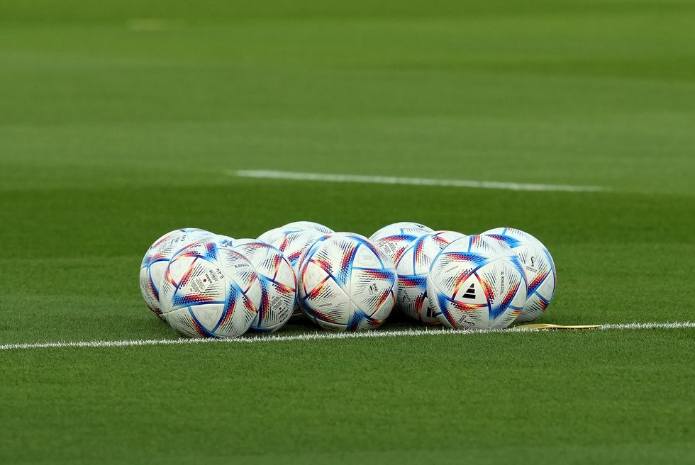 A general view of Adidas Al Rihla match balls during a training session at the Al Wakrah Sports Club, Stadium Al Wakrah, Qatar.