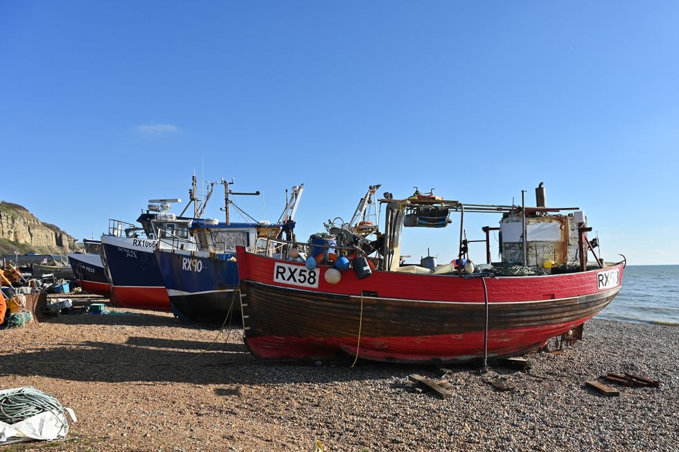 A general view of fishing boats on The Stade Beach on February 2, 2025