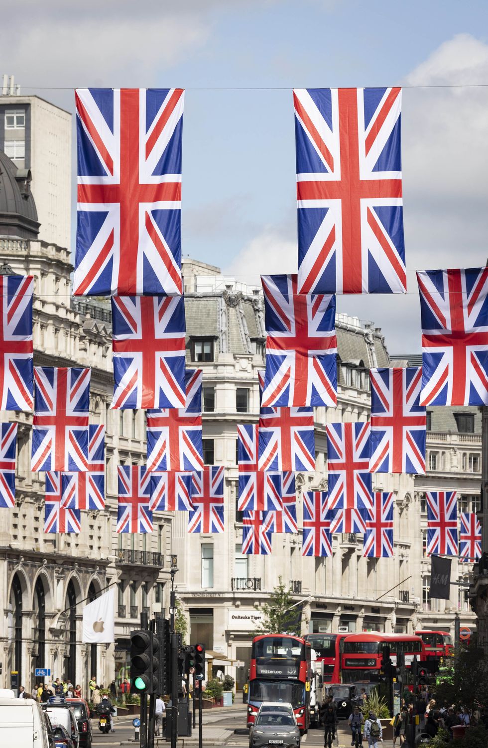 A general view of Union Jack flags above Regent Street in central London